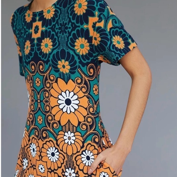 Anthropologie Maeve Floral Shift Mini Dress Mod Blue Green Size Large NWOT - Picture 1 of 9